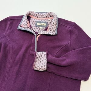Orvis Quarter Zip Sweatshirt Pullover Womens Med Purple Flip Cuff Floral Pattern